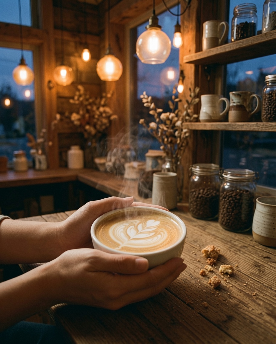 薄暗い壁に灯る『CAFE』のネオン風サイン。落ち着いたムードの店内
