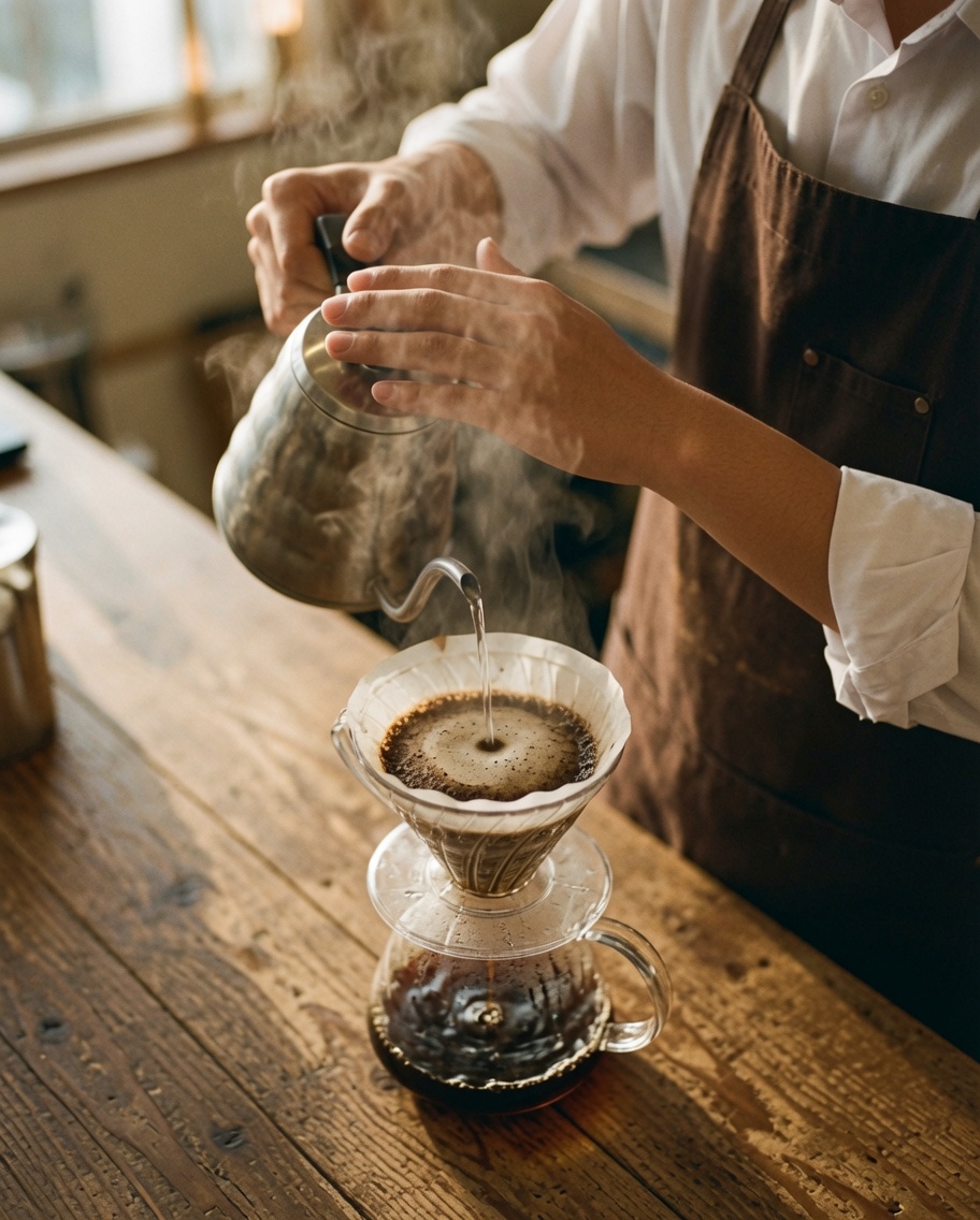 ケトルから湯を注ぎ、ケメックスでコーヒーをハンドドリップしているところ