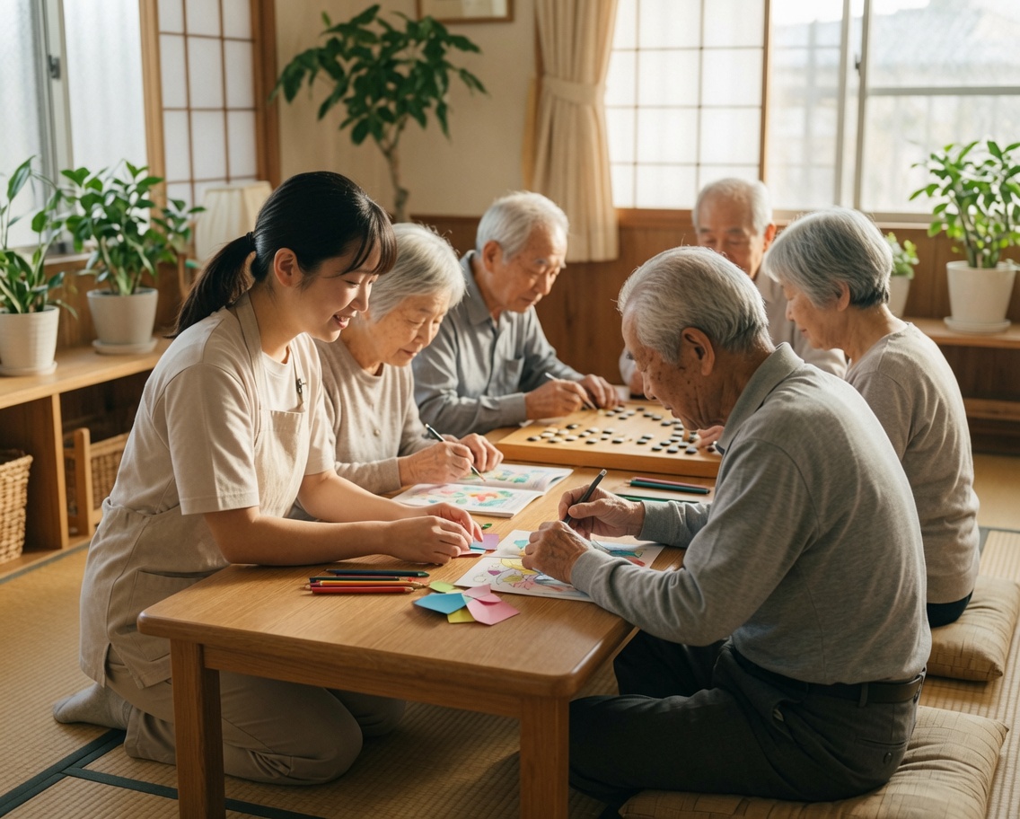 高齢者ケアの場面。スタッフと利用者が穏やかに過ごしている様子