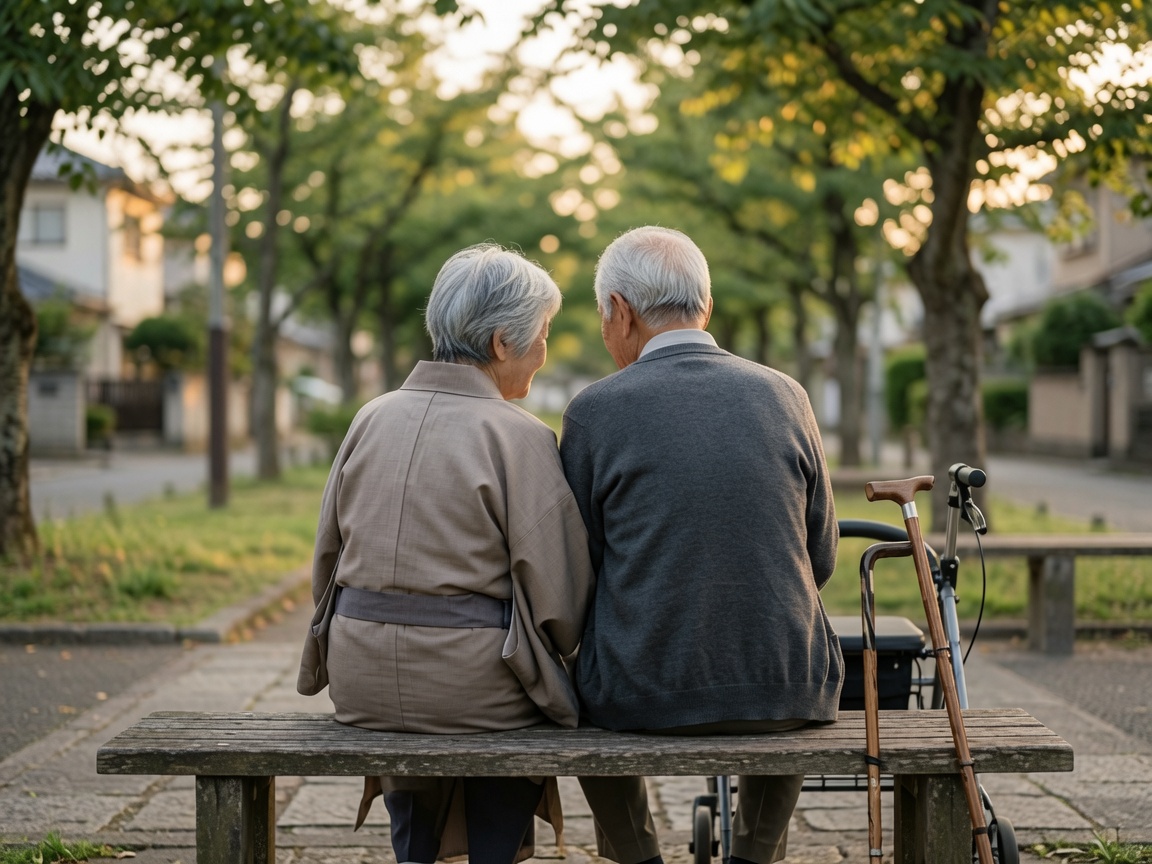 高齢のご夫婦がベンチに並んで座っている穏やかな後ろ姿