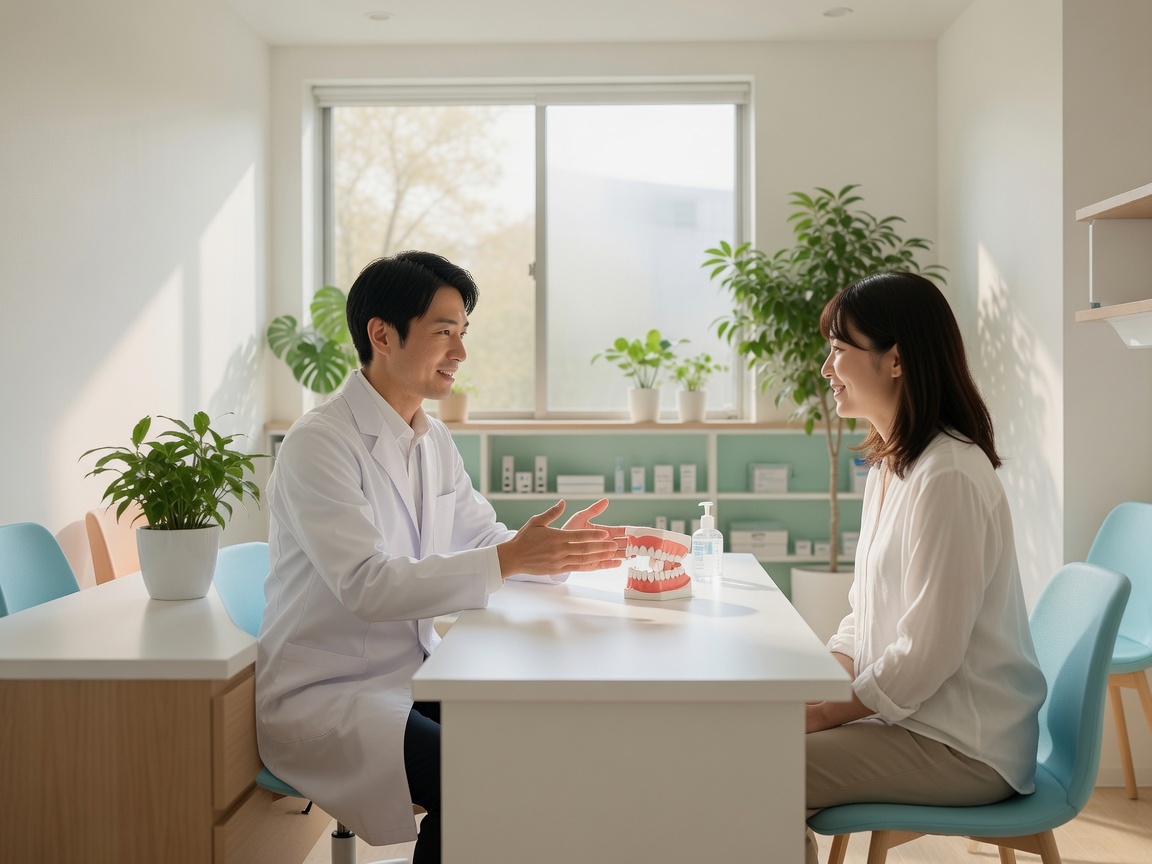 歯科医師が笑顔で患者とカウンセリングをしている様子