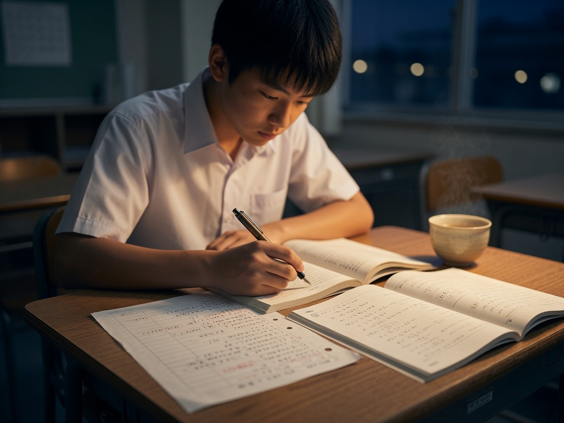 ノートパソコンと教材で自習に取り組む生徒たち