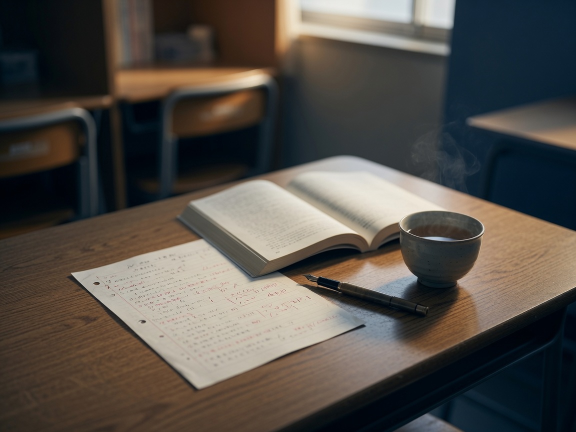 机の上に置かれた本とリンゴ、学びの静物