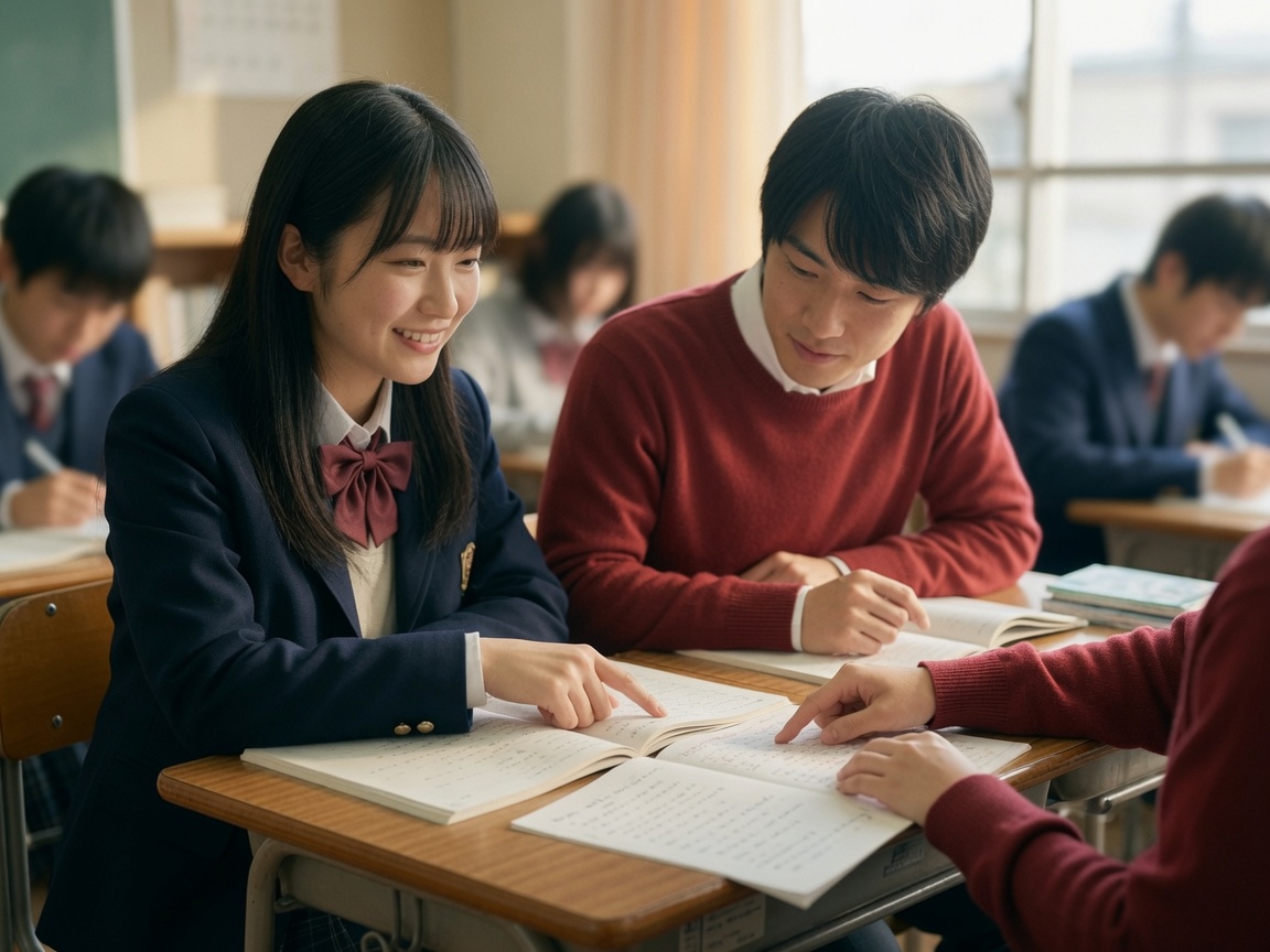 教材を手に話し合う高校生たち